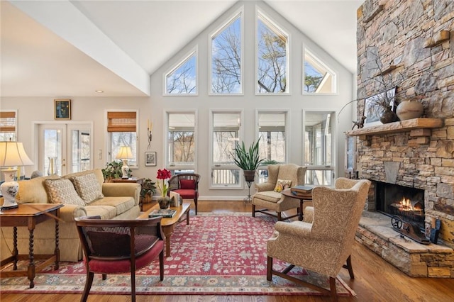 living room with wood-type flooring, a stone fireplace, and a healthy amount of sunlight