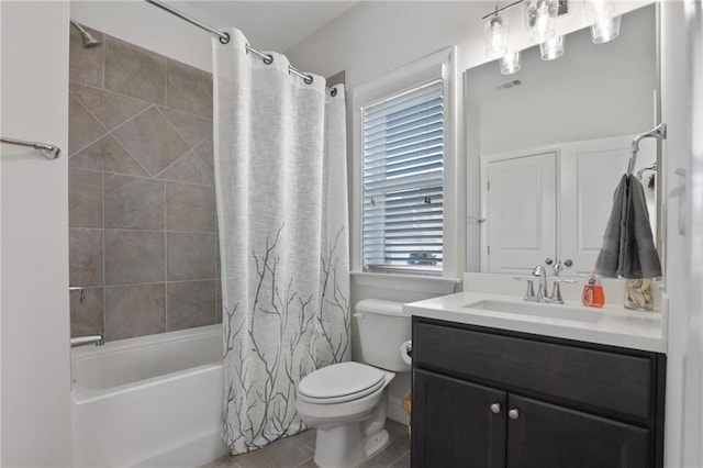 bathroom with tile patterned floors, shower / bathtub combination with curtain, visible vents, toilet, and vanity