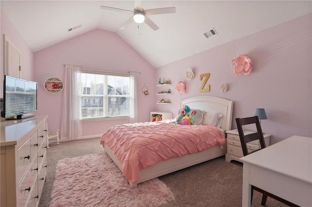 carpeted bedroom with visible vents, ceiling fan, baseboards, and lofted ceiling