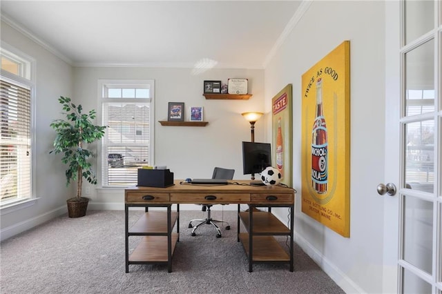 home office with a wealth of natural light, baseboards, carpet floors, and ornamental molding