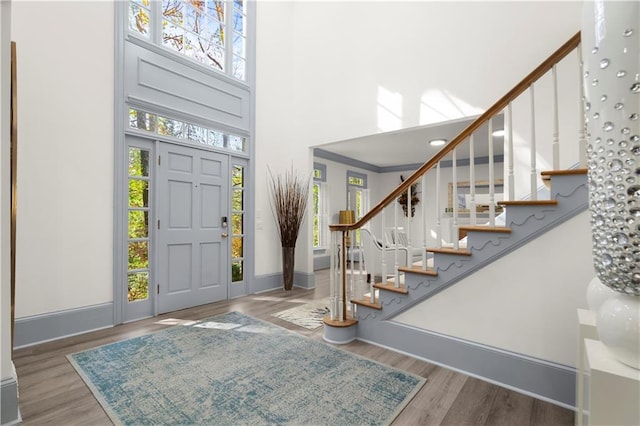 entrance foyer featuring a healthy amount of sunlight, hardwood / wood-style floors, and a towering ceiling