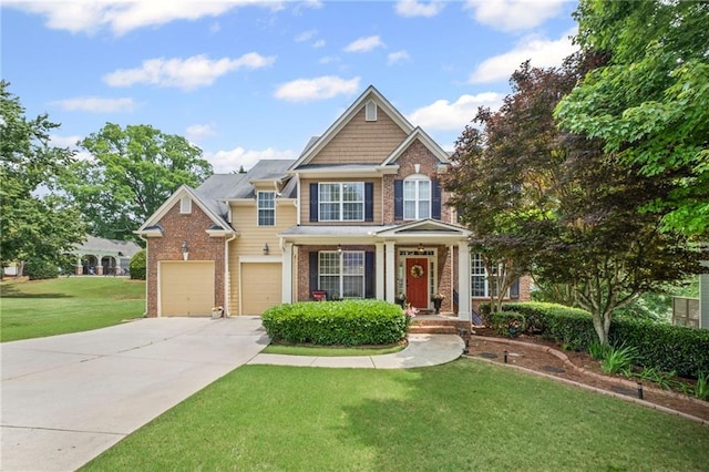 6597 River Island Dr, Buford, GA 30518 - view of front of house with concrete driveway, brick siding, a front yard, and an attached garage