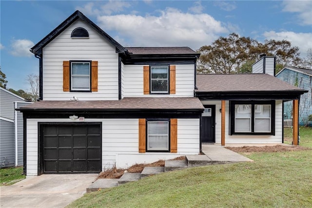 view of front of property with a garage and a front yard