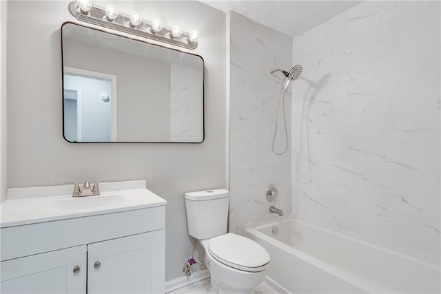 full bathroom featuring vanity, toilet, a textured ceiling, and tiled shower / bath combo