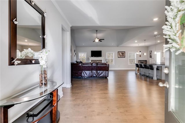 living room with sink, a brick fireplace, ceiling fan, and wood-type flooring