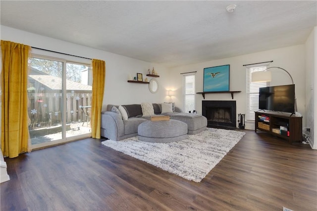 living room featuring dark wood-style flooring, a fireplace with flush hearth, and a wealth of natural light