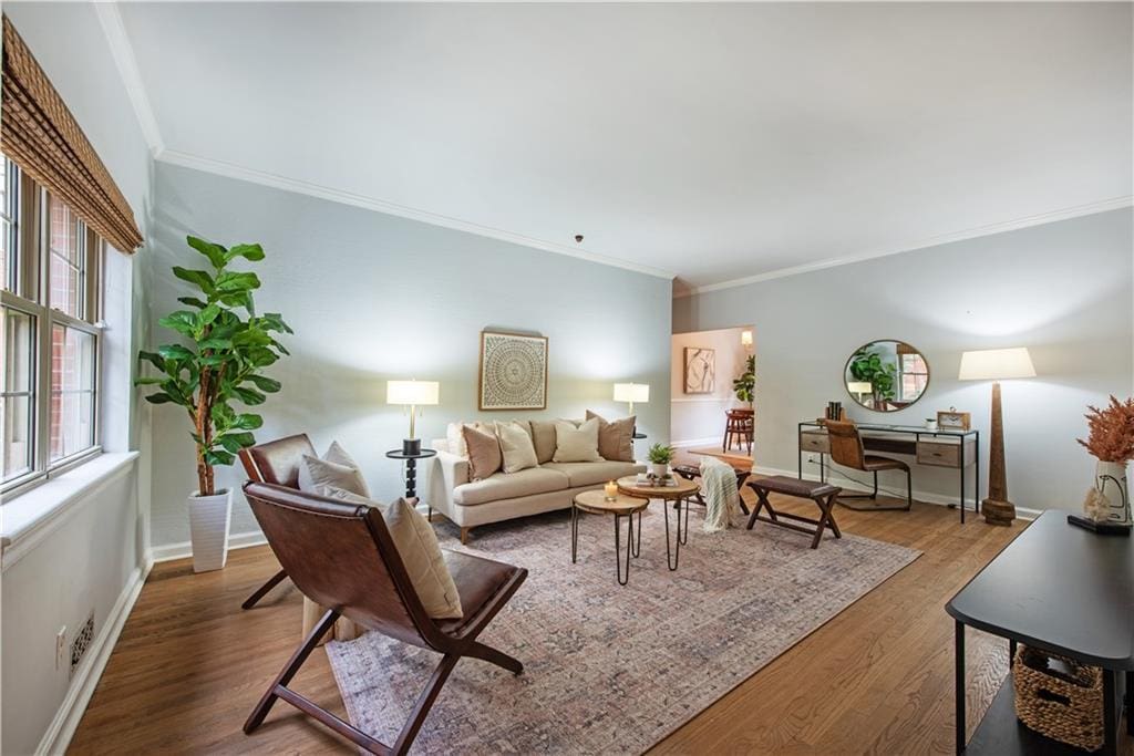 living room featuring hardwood / wood-style floors and ornamental molding