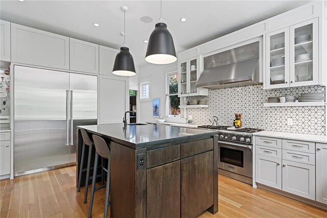 kitchen with decorative backsplash, a sink, light wood finished floors, premium appliances, and wall chimney exhaust hood
