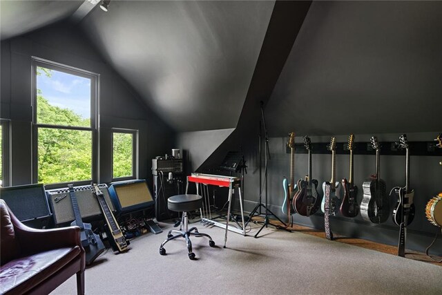 playroom featuring carpet floors and lofted ceiling