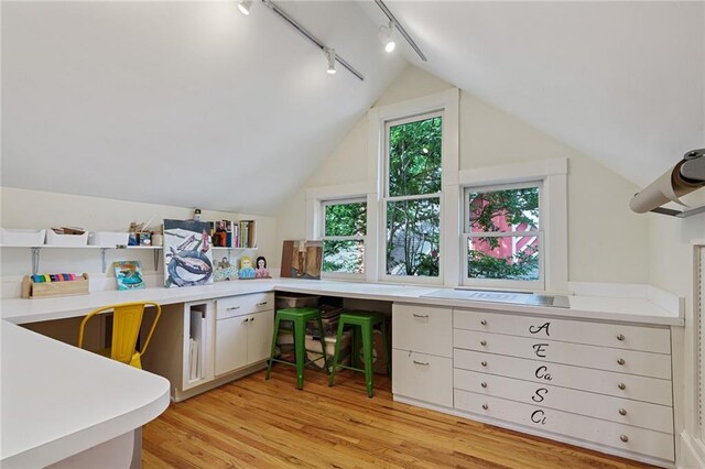 interior space featuring rail lighting, light wood-style flooring, vaulted ceiling, and light countertops