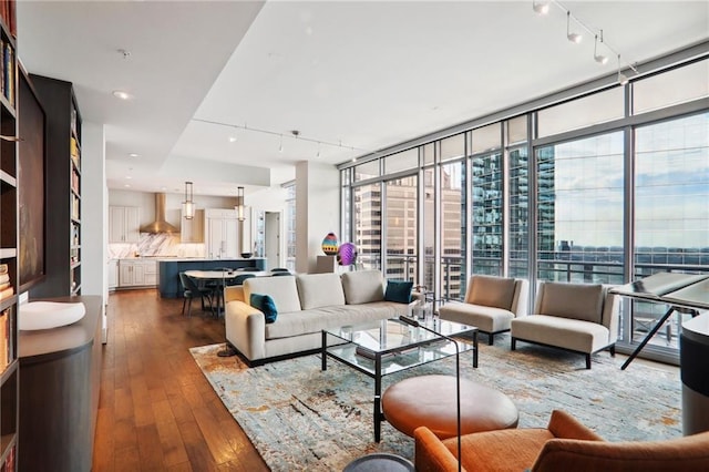 living room with dark wood-style floors, a view of city, floor to ceiling windows, and rail lighting