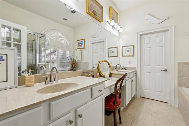 6259 Spalding Dr, Peachtree Corners, GA 30092 - bathroom with double vanity, tile patterned flooring, a bathtub, and a shower