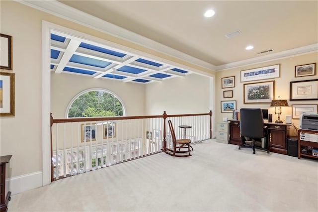 6259 Spalding Dr, Peachtree Corners, GA 30092 - home office featuring carpet flooring, coffered ceiling, ornamental molding, recessed lighting, and beamed ceiling