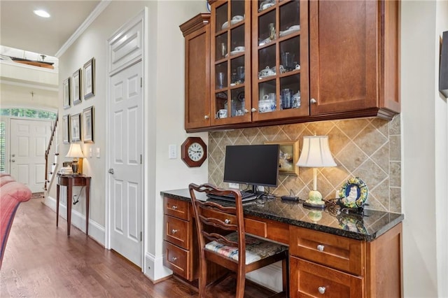 6259 Spalding Dr, Peachtree Corners, GA 30092 - office featuring ornamental molding, dark wood-type flooring, baseboards, and recessed lighting