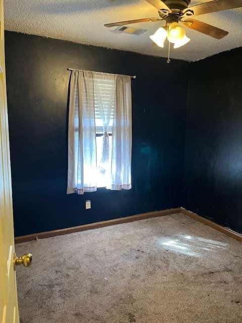 carpeted spare room featuring ceiling fan, visible vents, baseboards, and a textured ceiling