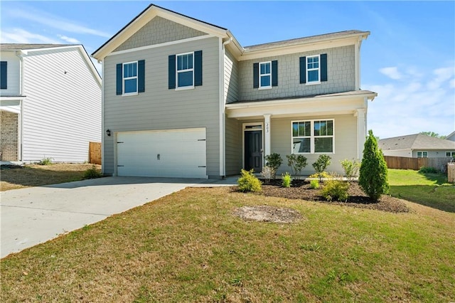 view of front of property featuring a front lawn, covered porch, concrete driveway, a garage, and fence