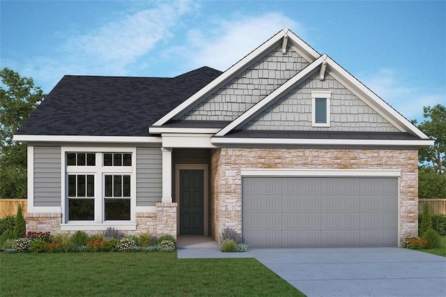 craftsman inspired home with concrete driveway, an attached garage, and a front lawn