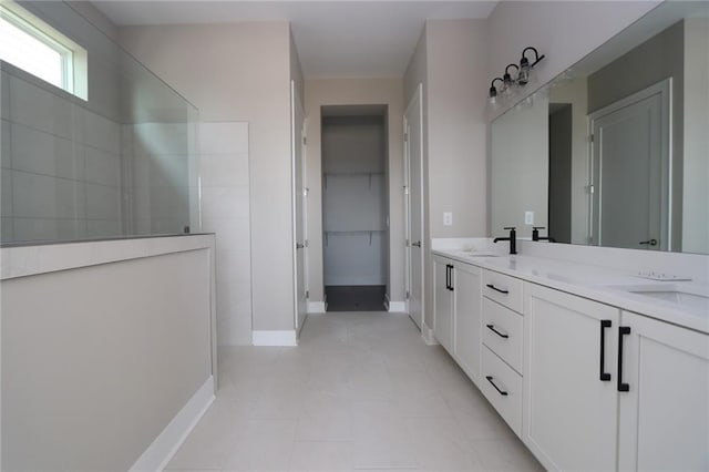 full bath with a sink, a walk in closet, double vanity, and a walk in shower