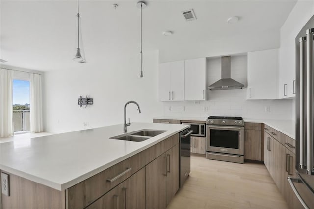 kitchen featuring stainless steel appliances, sink, wall chimney range hood, pendant lighting, and white cabinets