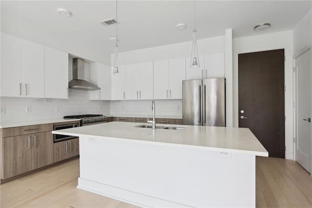 kitchen featuring light wood finished floors, stainless steel appliances, decorative backsplash, a sink, and wall chimney exhaust hood