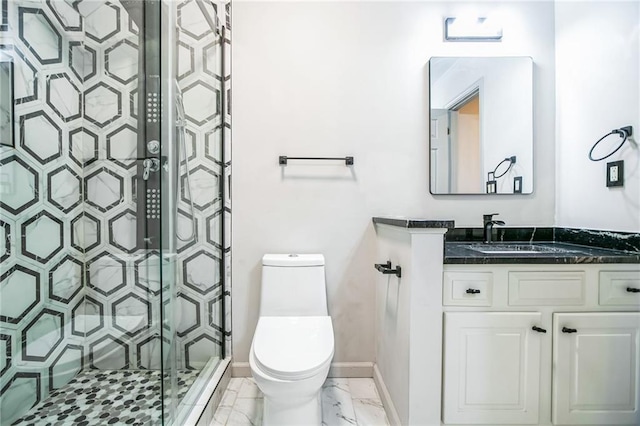 full bath featuring a stall shower, baseboards, toilet, marble finish floor, and vanity