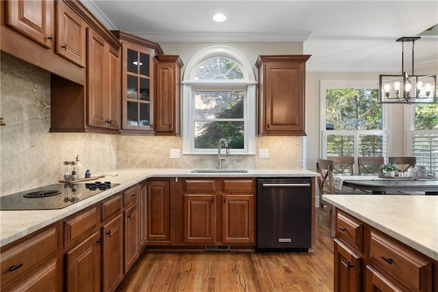 kitchen with dishwasher, a sink, black electric cooktop, dark wood-type flooring, and a chandelier