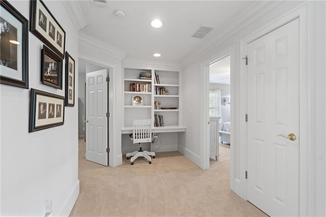 office space with crown molding, light carpet, recessed lighting, baseboards, and built in features