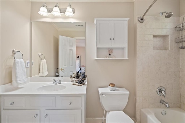 full bathroom with toilet, shower / bathtub combination, vanity, and crown molding