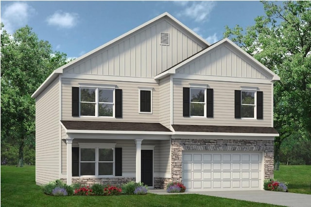 craftsman-style house featuring board and batten siding, a front lawn, a garage, stone siding, and driveway