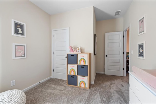 recreation room with visible vents, baseboards, and carpet