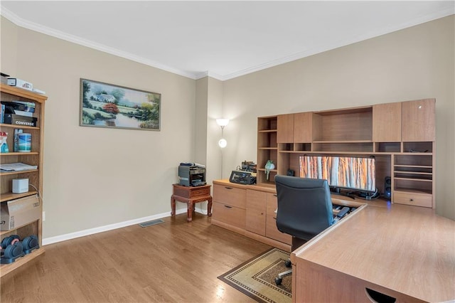 2810 Olde Town Park Dr, Norcross, GA 30071 - office with baseboards, visible vents, light wood-style floors, and crown molding