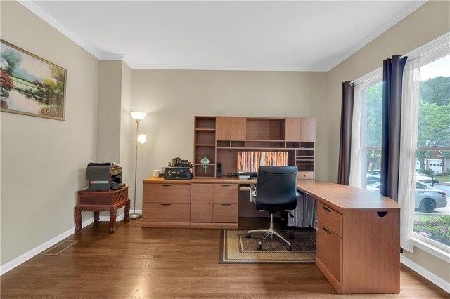 2810 Olde Town Park Dr, Norcross, GA 30071 - office featuring ornamental molding, dark wood-style flooring, radiator heating unit, and baseboards