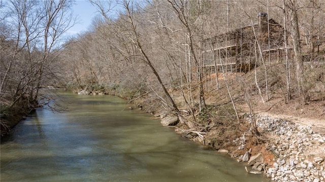 view of water feature with a wooded view