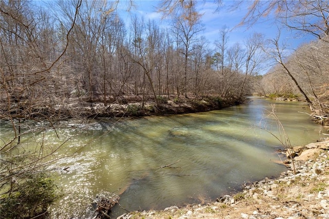 property view of water featuring a forest view