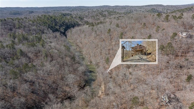 aerial view featuring a wooded view