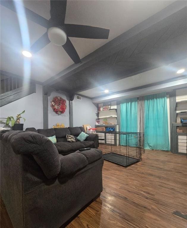 living room with ceiling fan and hardwood / wood-style flooring