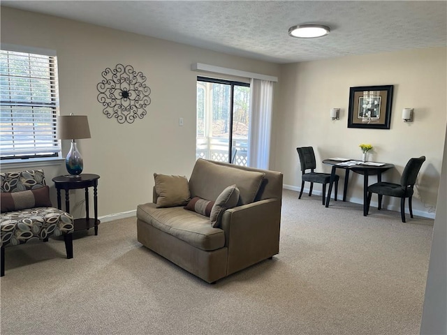 carpeted living room featuring a textured ceiling