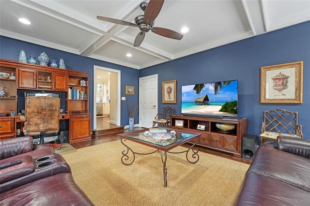 living room featuring hardwood / wood-style flooring, crown molding, beamed ceiling, coffered ceiling, and ceiling fan