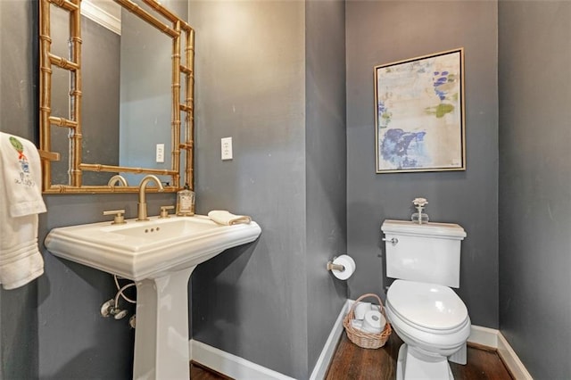 bathroom with toilet and hardwood / wood-style floors