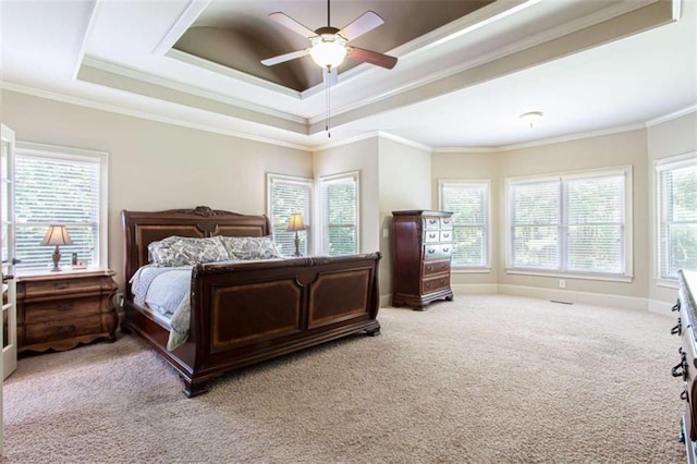 240 Chandler Walk, Loganville, GA 30052 - bedroom with light carpet, a raised ceiling, ornamental molding, and ceiling fan