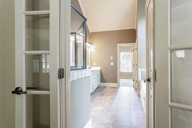 240 Chandler Walk, Loganville, GA 30052 - full bathroom with double vanity, tile patterned floors, and french doors