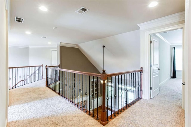 240 Chandler Walk, Loganville, GA 30052 - hall with crown molding, carpet flooring, recessed lighting, and an upstairs landing