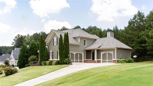 240 Chandler Walk, Loganville, GA 30052 - view of front facade featuring a front yard, an attached garage, driveway, and a chimney