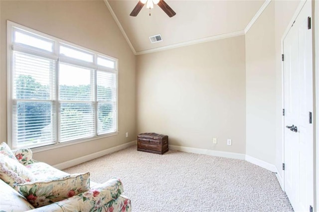 240 Chandler Walk, Loganville, GA 30052 - sitting room featuring lofted ceiling, a ceiling fan, carpet floors, and crown molding