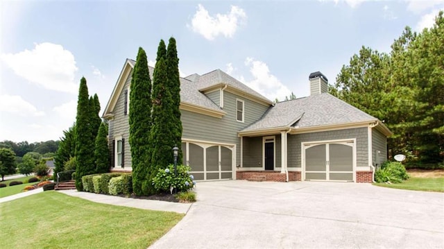 240 Chandler Walk, Loganville, GA 30052 - view of front of property with an attached garage, a chimney, a front yard, driveway, and brick siding