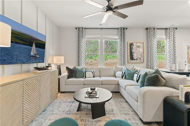 living room with ceiling fan