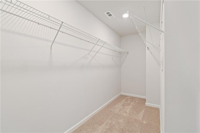 walk in closet featuring light colored carpet