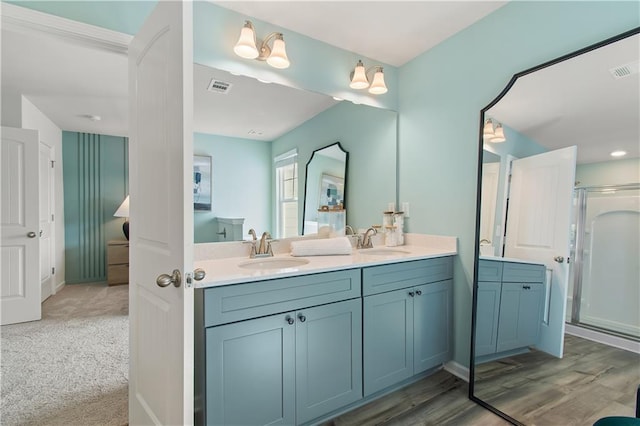 bathroom with vanity, wood-type flooring, and walk in shower