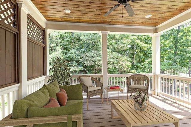 sunroom / solarium featuring ceiling fan and wooden ceiling