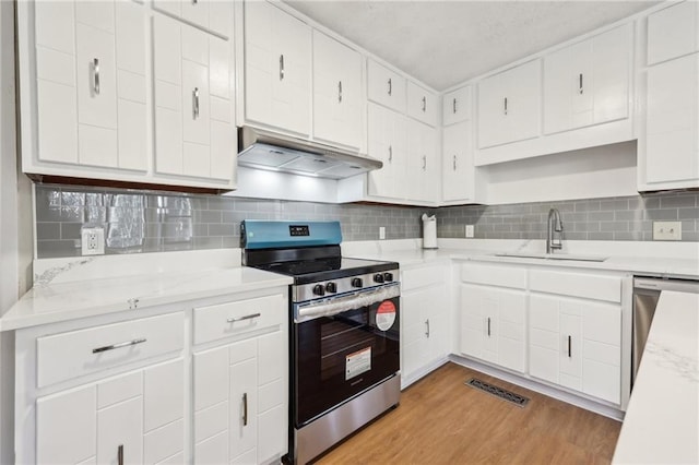 kitchen with sink, tasteful backsplash, light hardwood / wood-style flooring, appliances with stainless steel finishes, and white cabinets